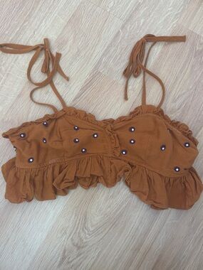 Free People Rust Embroidered Ruffle Tie-Strap Crop Top